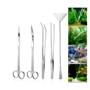 AquaNature Stainless Steel Aquarium 5 in 1 Maintenance Tools – Includes Straight & Curved Scissors, Substrate Spatula, Straight & Bent Tweezers