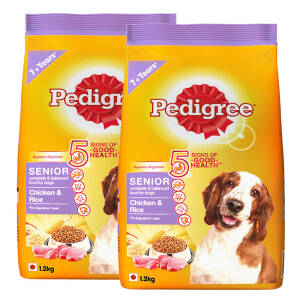 Pedigree Senior (7+ Years) Dry Dog Food, Chicken and Rice, 1.2kg Pack of 2