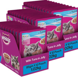 Whiskas Kitten (2-12 months) Wet Cat Food, Tuna in Jelly, 12 Pouches (12 x 85g) pack of 3
