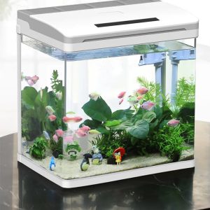 Sunsun Glass Aquarium with Air Pump, LED Cool Lights and Filter, Small Fish Tank for All Fish Starter Kit (White)- AquaNature XHR