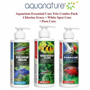 AquaNature® Aquarium Essential Care Trio Combo Pack – Chaloirne Erase Water Conditioner + White Spot Cure + para Cure Parasite & Fungal Disease Treatment 120ml Each Bottle
