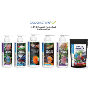 AquaNature® Professional Discus Fish Care 6-in-1 Combo Pack – Essential Water Conditioners, Food & Supplements for Healthy Discus Fish