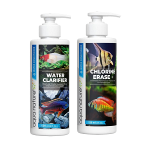 AquaNature® Water Conditioner Duo Chlorine Erase+ & Water Clarifier – Makes Tap Water Safe Instantly & Removes Cloudy Water for a Healthy, Sparkling Clean Fish Tank 120ml Each