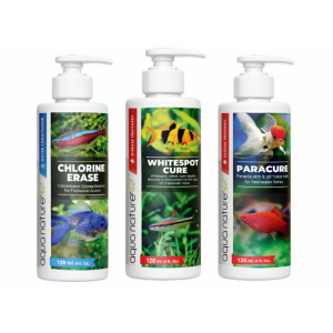AquaNature® Aquarium Essential Care Trio Combo Pack – Chaloirne Erase Water Conditioner + White Spot Cure + para Cure Parasite & Fungal Disease Treatment 120ml Each Bottle